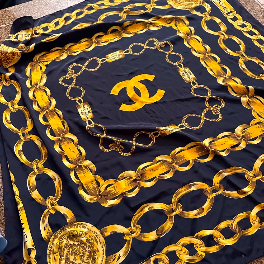 CHANEL Black and Gold Silk Scarf 90s